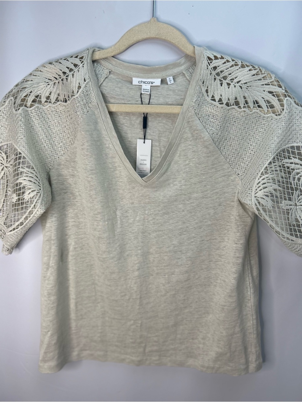 Chico's Cream Crochet-Sleeve V-Neck Tee - Picture 6 of 12